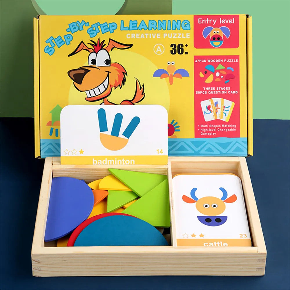 Mágneses tangram fajáték angol kártyákkal, kezdő szint Fő kép