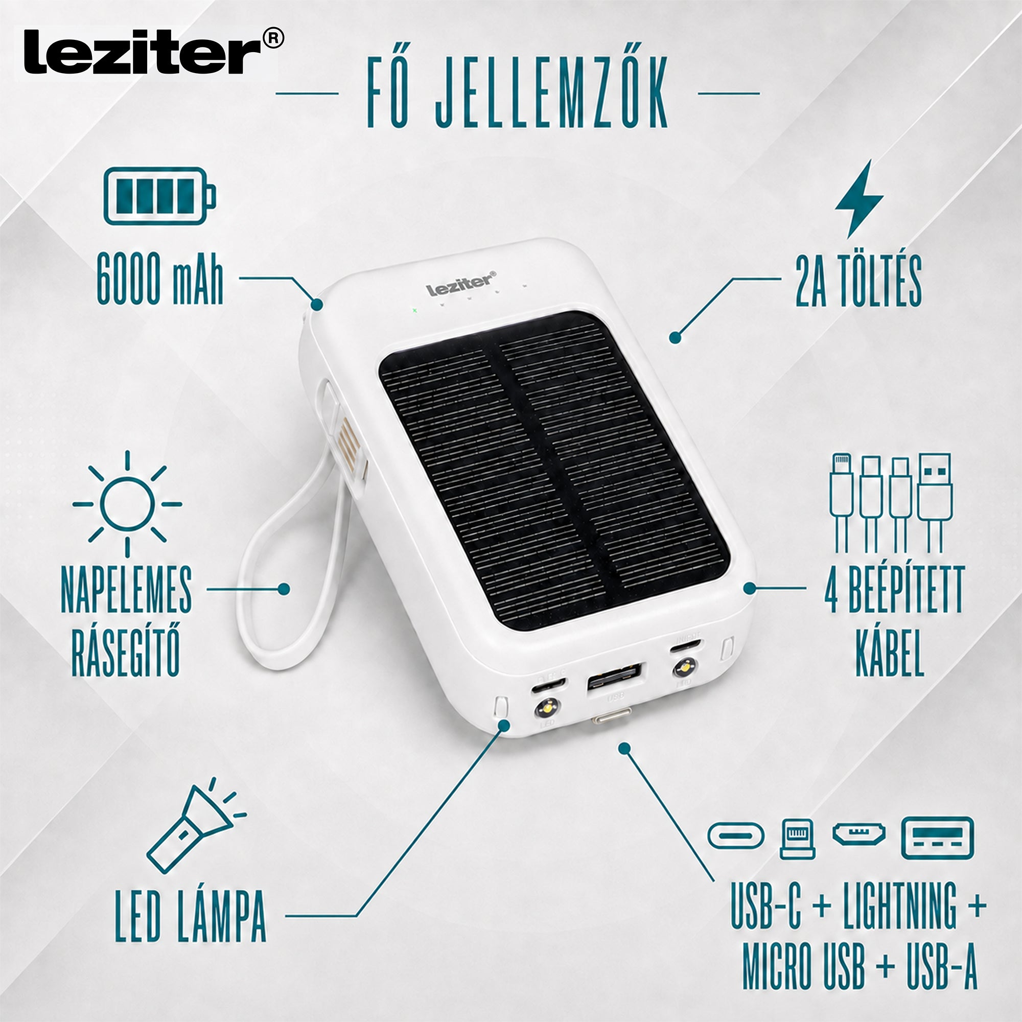 Powerbank napelemmel 4 töltőkábellel 6000mAH