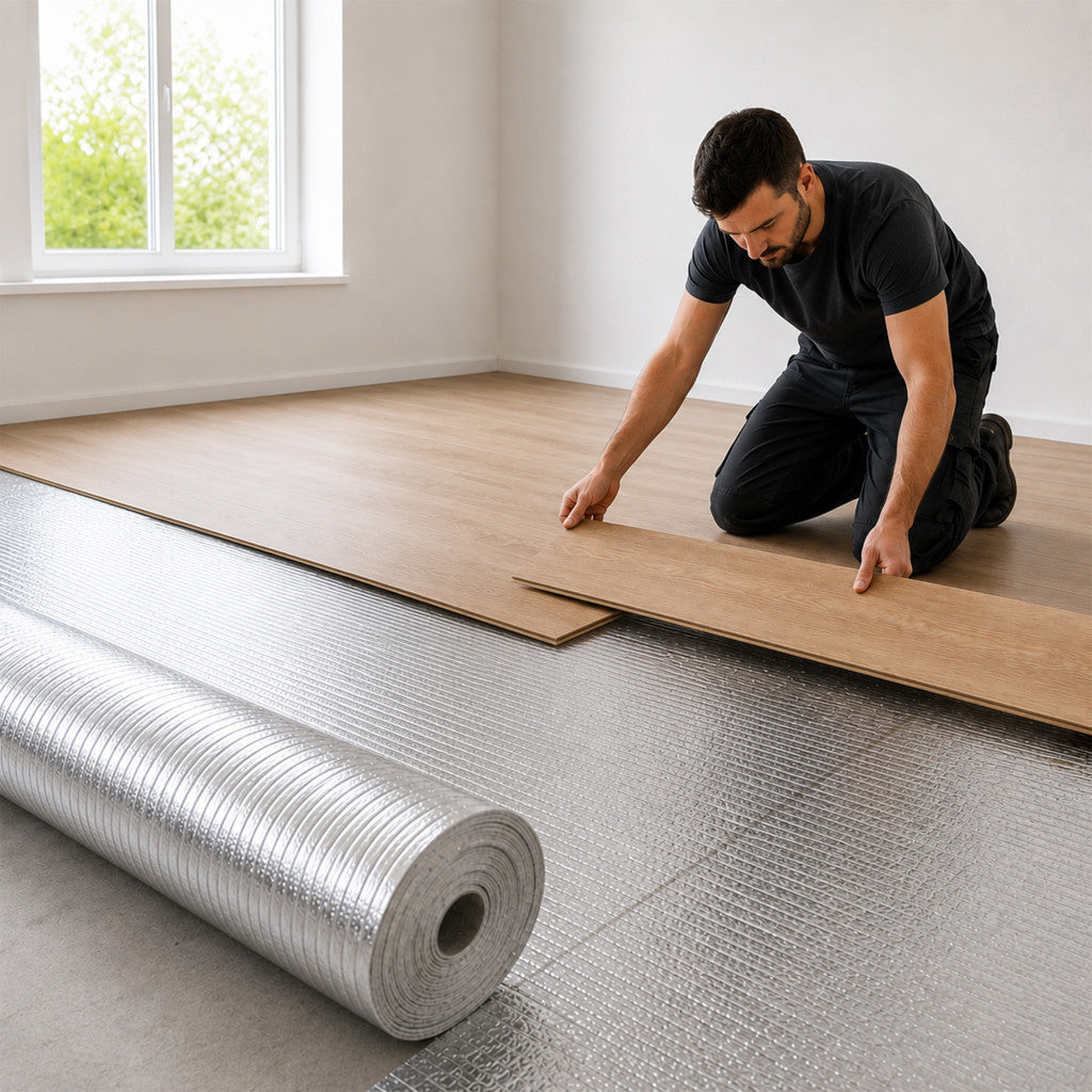 Folie izolantă pentru pardoseală din spumă, cu strat de barieră împotriva umezelii din aluminiu, grosime 2 mm, 50 m Imagine secundară a produsului