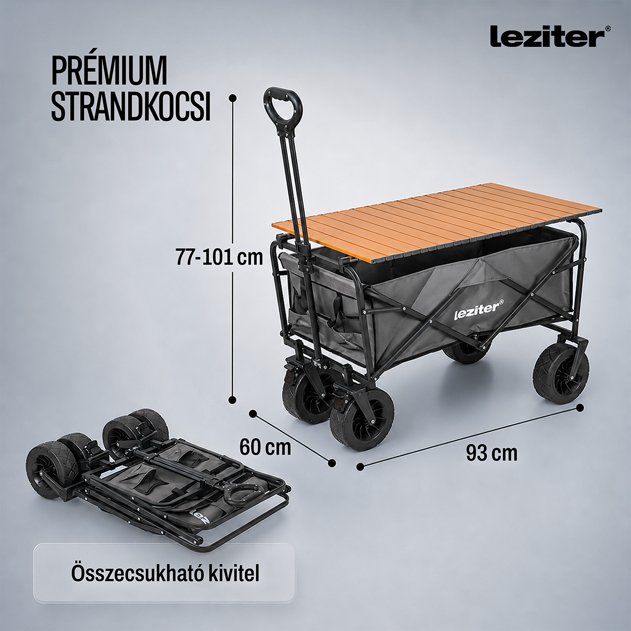 Összecsukható prémium kerti strandkocsi asztallal szürke