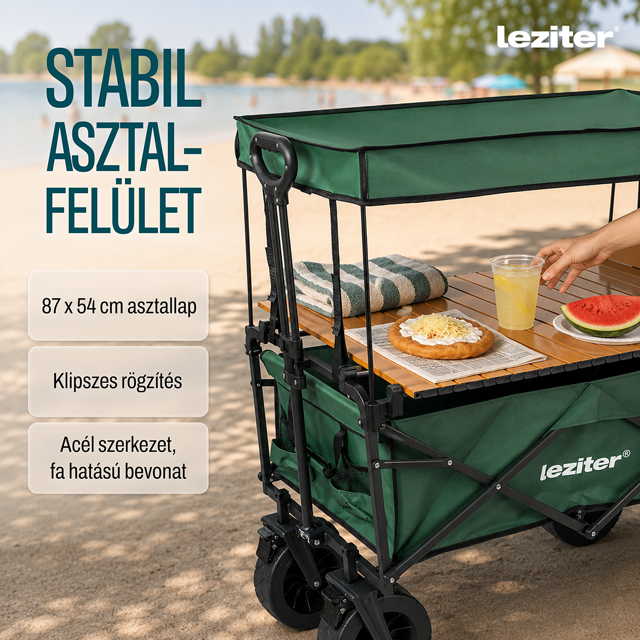 Összecsukható prémium kerti strandkocsi asztallal szürke