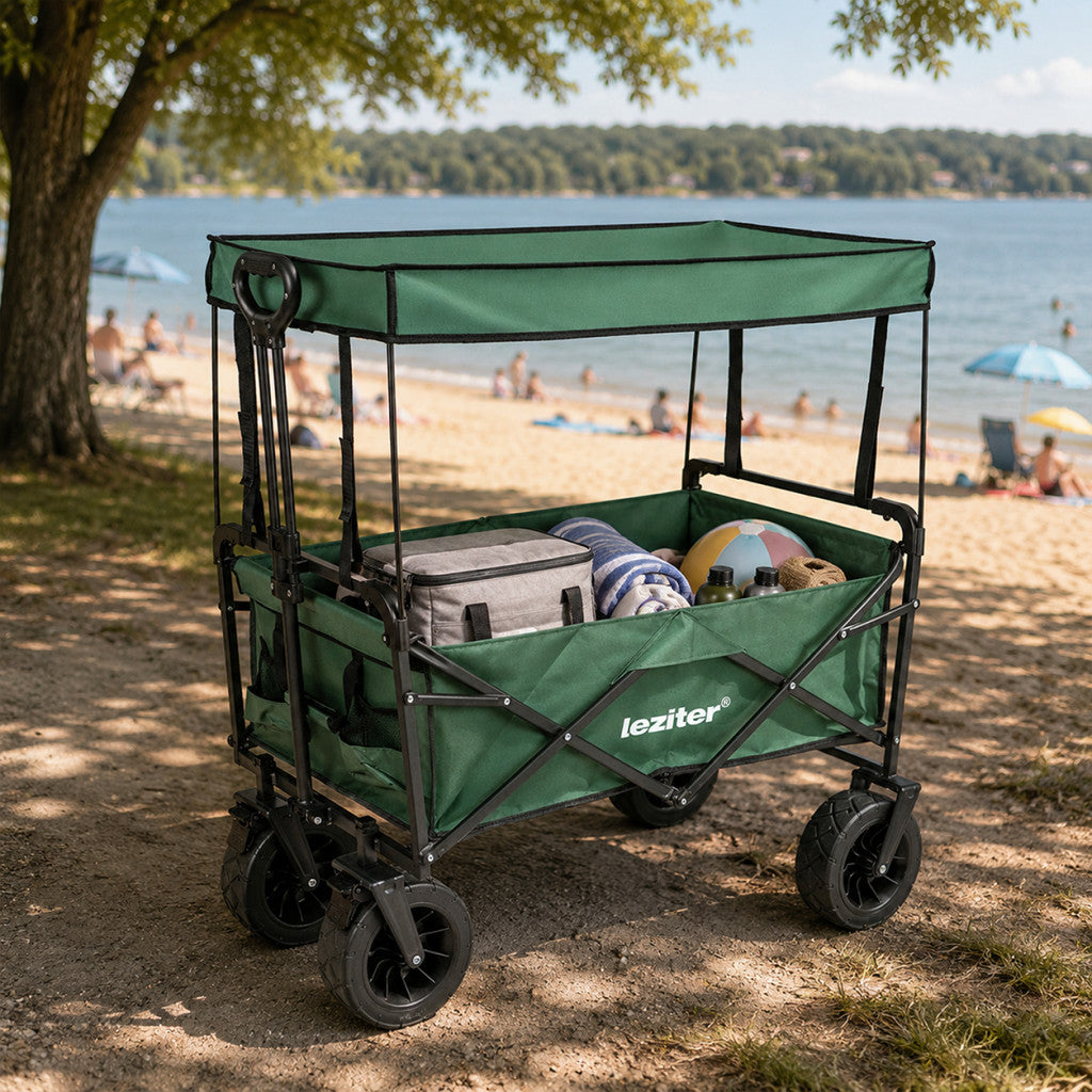Cărucior de plajă pliabil premium de grădină cu acoperiș verde Imagine secundară a produsului