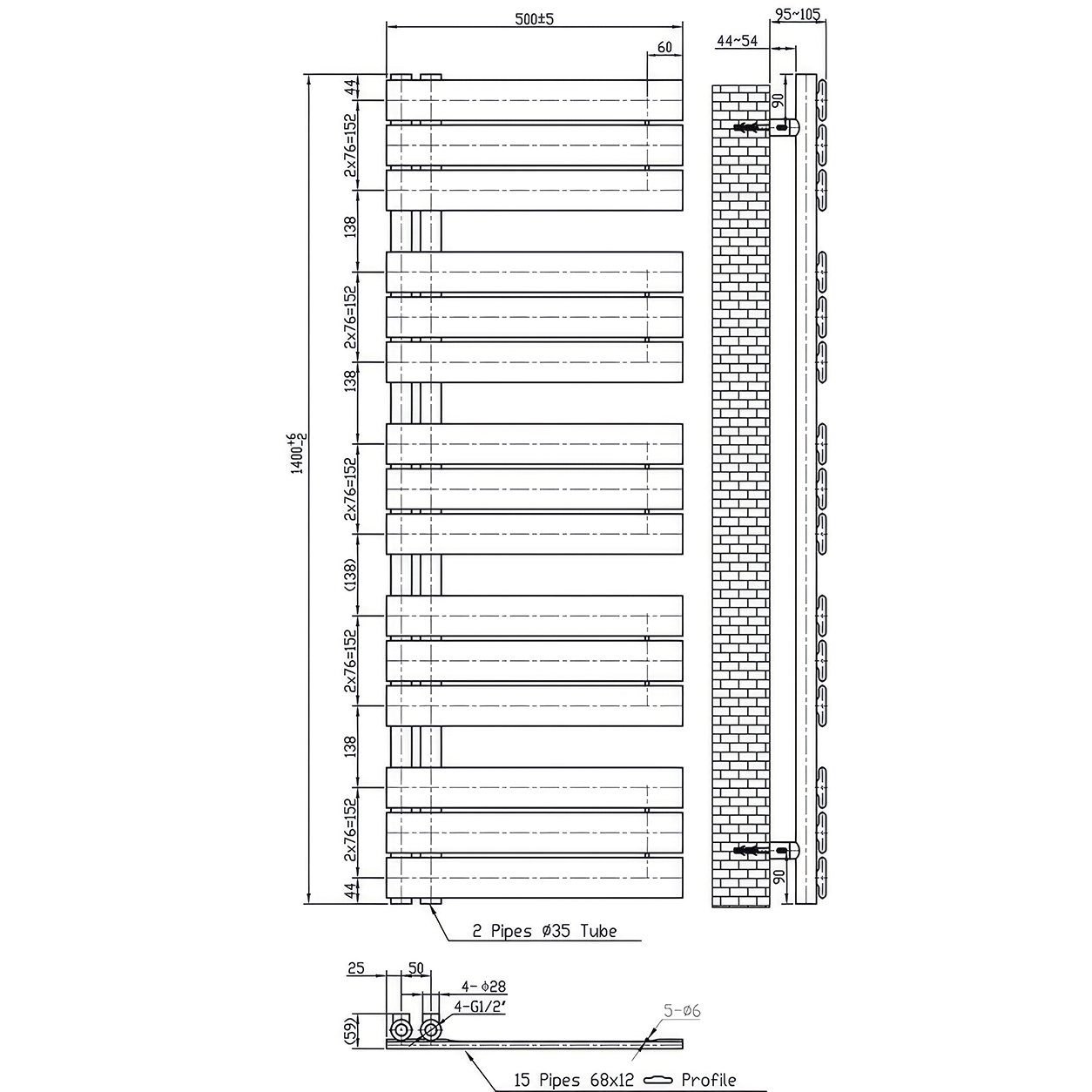 Solaro Design uscător de prosoape radiator 1400x500 mm negru