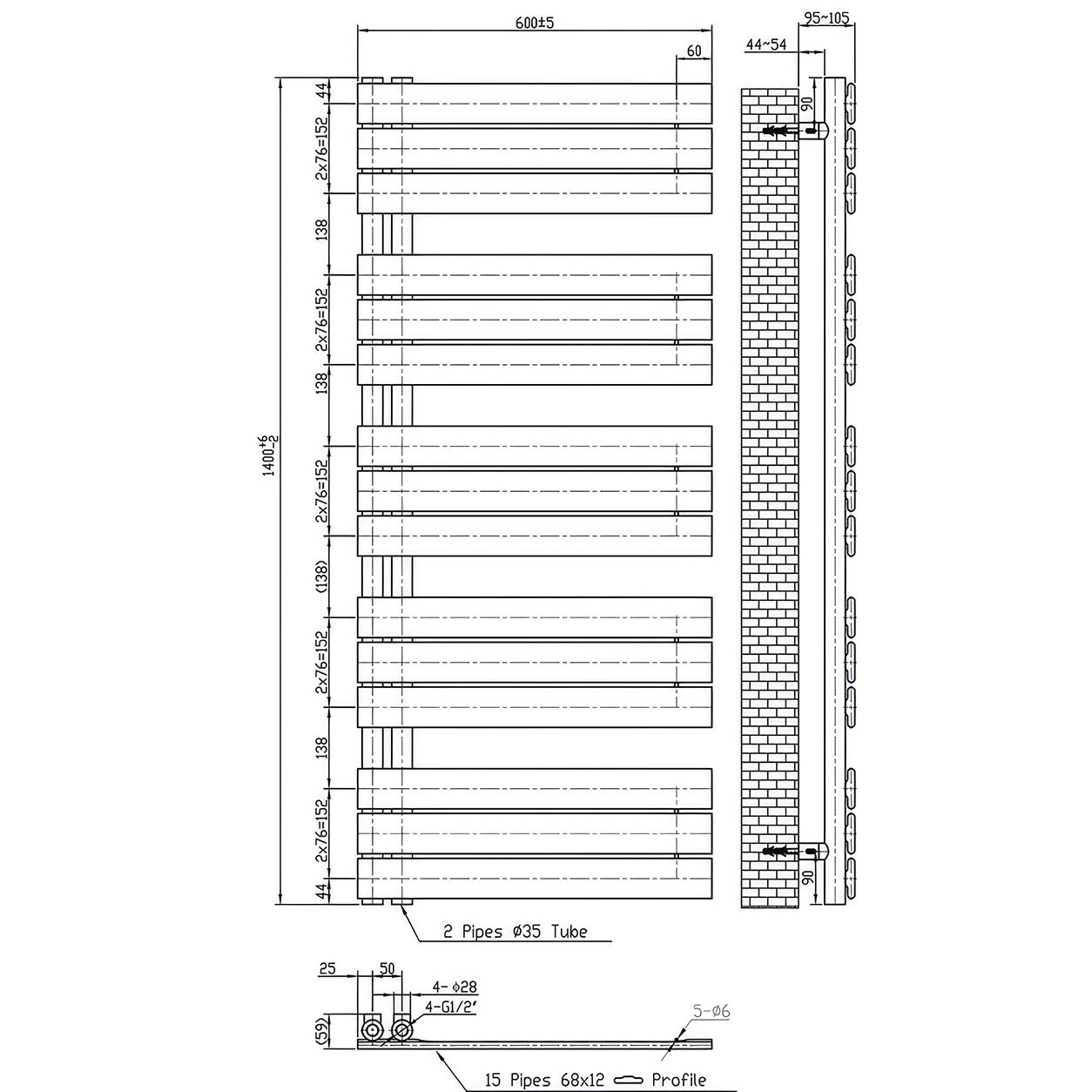 Solaro Design uscător de prosoape radiator 1400x600 mm negru