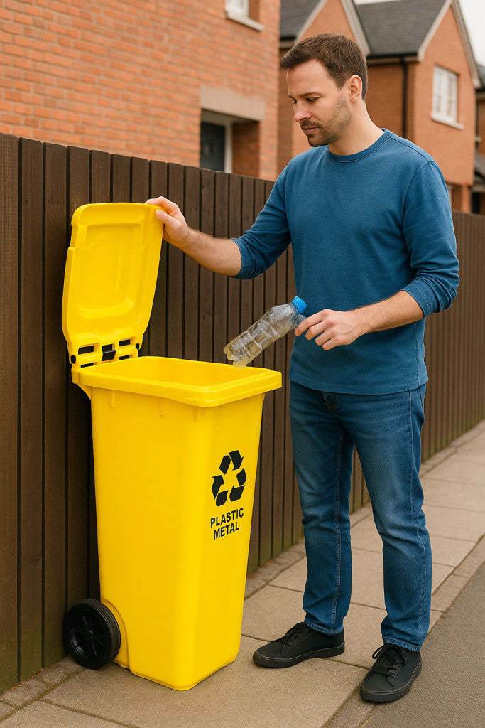 Hulladéktároló 120 l sárga, gumikerekekkel