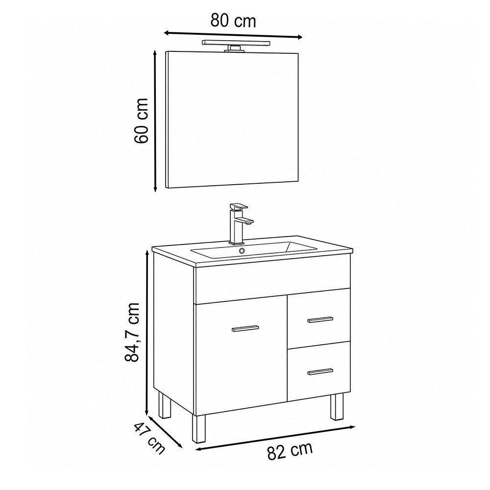Komplett fürdőszobabútor méretábra 82 × 47 × 84,7 cm, a tükör 80 × 60 cm - Homelux, NEOPR80FF