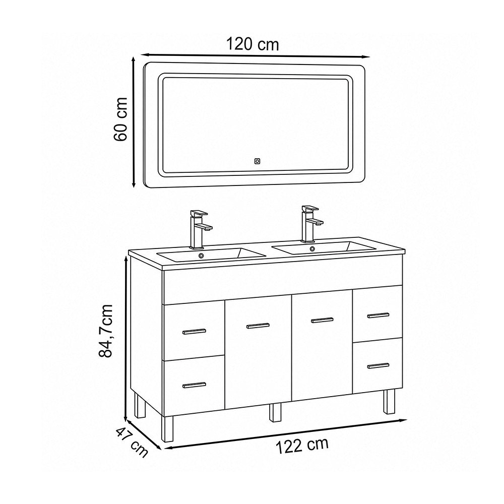 Komplett fürdőszoba bútor méretábra 122 × 47 × 84,7 cm, 120 × 60 cm-es tükörrel - Homelux, NEOVIS120STF