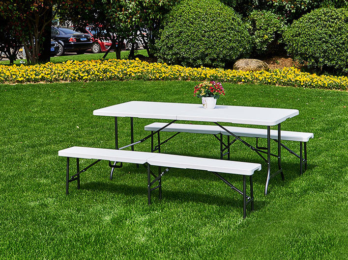 Catering asztal 180 cm, bőrönddé összecsukható, fehér